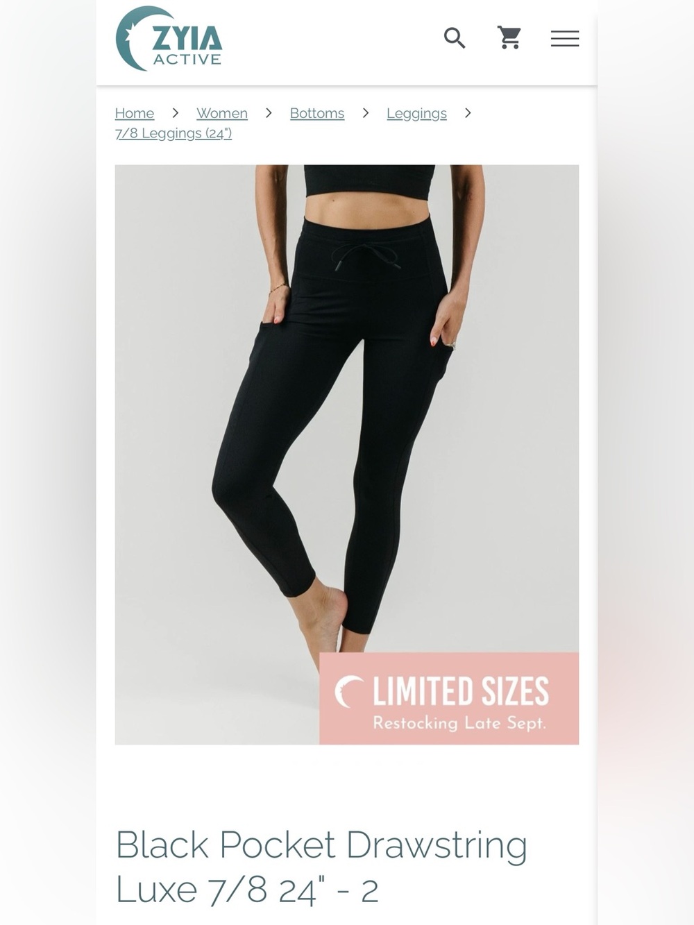 NWOT ZYIA Active Black Pocket Drawstring Luxe Leggings